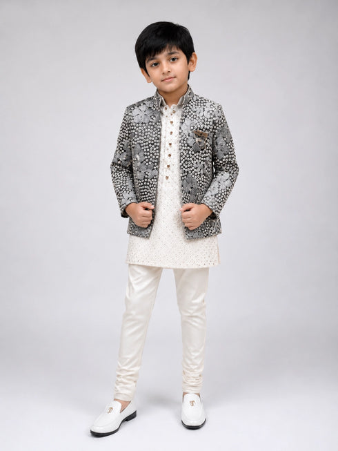 Boys Pista Printed Indo-Western Jacket Set with Cream Kurta & Pajama