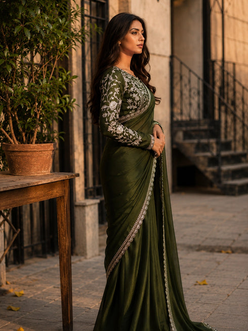 Emerald Green Embroidered Designer Saree with Elegant Blouse