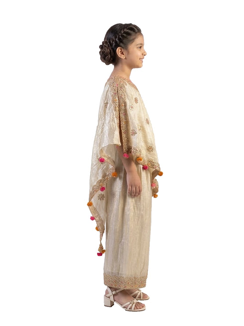 fawn embellished ethnic co ord set for girls with cape style top and pants tissue silk festive wear