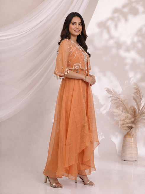 Elegant Orange Embellished Cape and Pants Set