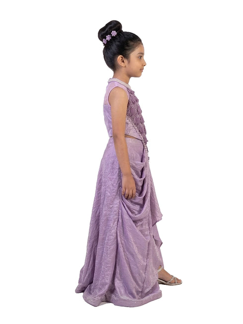 purple embellished party gown for girls with draped design synthetic kids ethnic dress