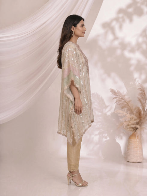 Elegant Beige Striped Kaftan Top with Mirror Work Neckline