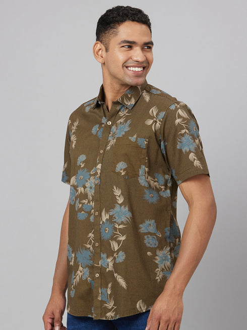 Men Olive Floral Print Sustainable Casual Shirt