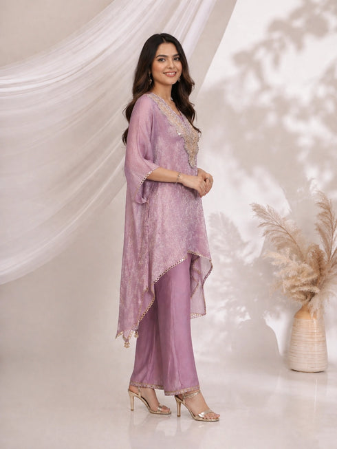 Elegant Purple Kaftan and Pants Set with Embellished Neckline
