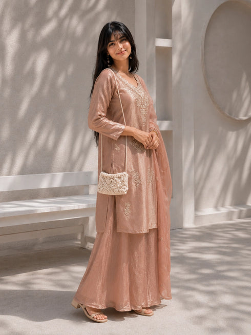 Pink Embroidered Kurta Set with Flared Palazzo & Embellished Dupatta