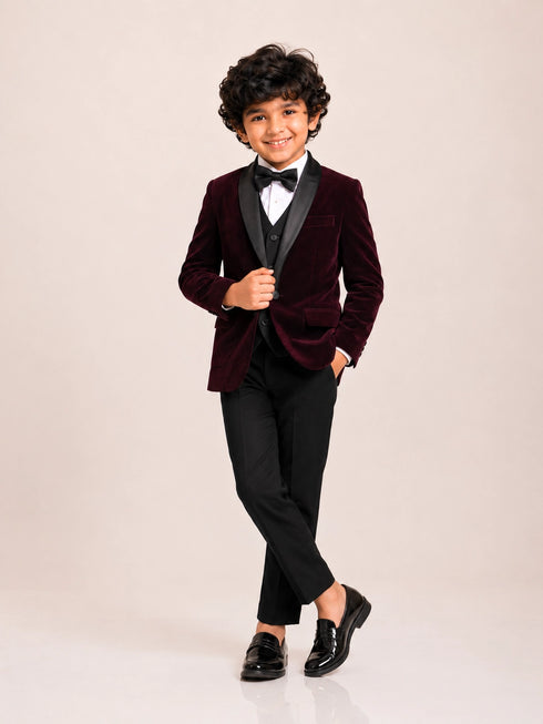 Boys Dark Purple Embroidered Waistcoat Suit