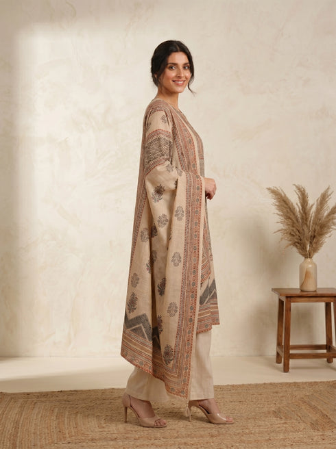 Elegant Beige Printed Kurti and Pants Set with Scarf