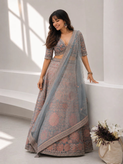 Grey Floral Woven Lehenga Set with Embroidered Blouse & Soft Net Dupatta