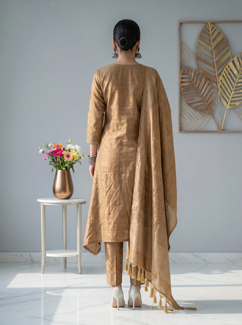Elegant Golden Embroidered Kurta Set with Dupatta