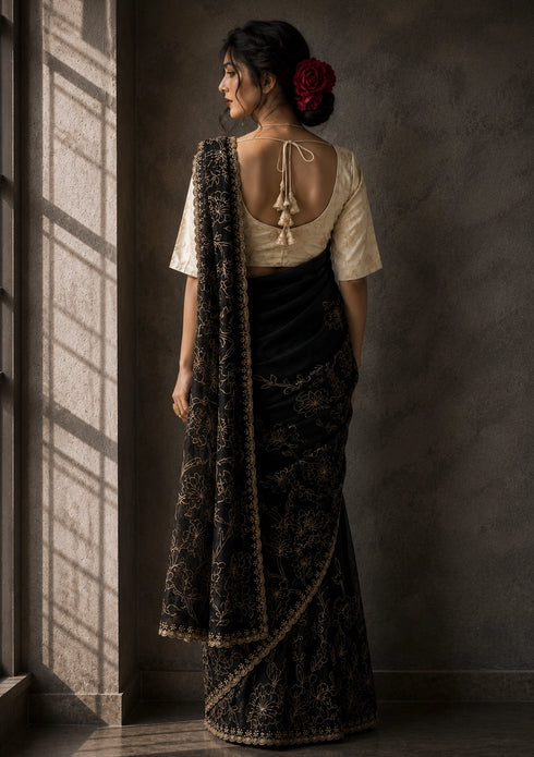 Midnight Black Floral Embroidered Designer Saree with Elegant Border