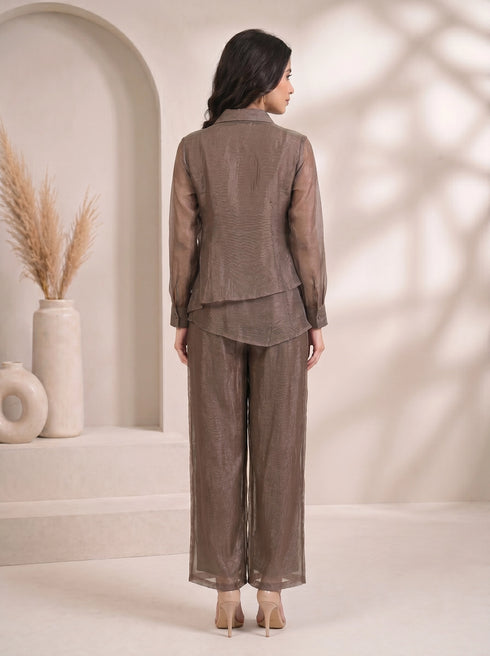 Elegant Grey Sheer Co-ord Set with Statement Neckline Embellishment