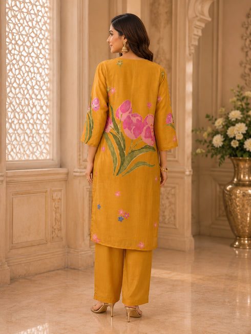 Vibrant Mustard Floral Print Kurta Set with Palazzo Pants