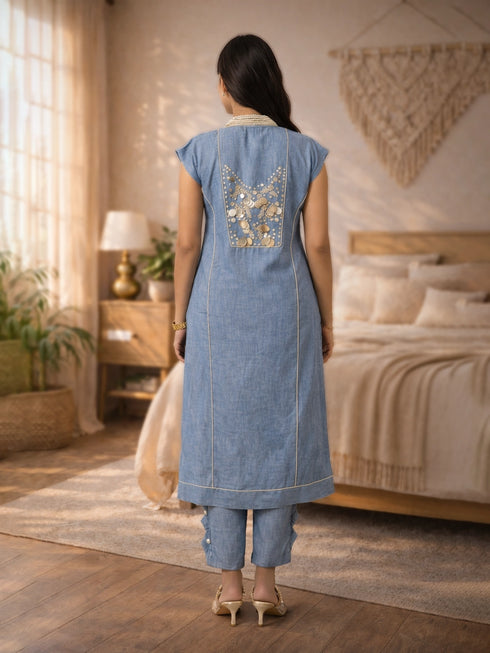 Blue Embellished Kurti with Pants for Women – Linen Blend Ethnic Wear