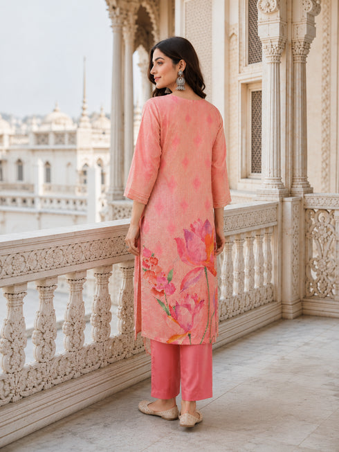 Elegant Pink Floral Print Kurta Set with Matching Pants