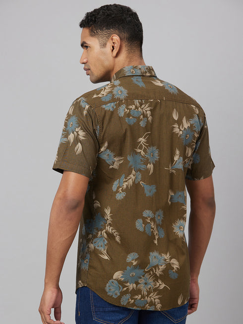 Men Olive Floral Print Sustainable Casual Shirt