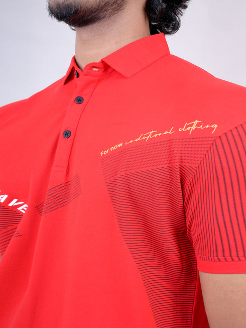Men Red Polo Printed Regular Fit Casual T-Shirt