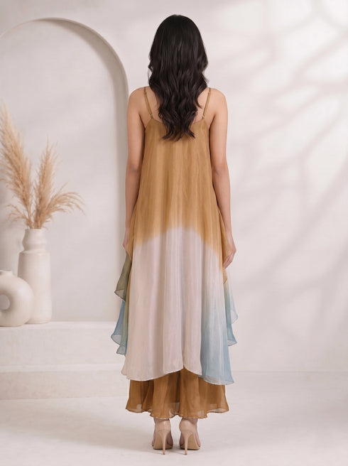 Elegant Brown Layered Chiffon Palazzo Suit with Sequined Neckline