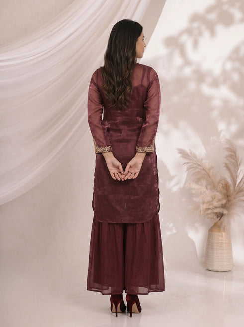 Elegant Maroon Embroidered Kurta and Sharara Set