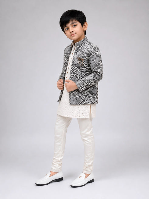 Boys Pista Printed Indo-Western Jacket Set with Cream Kurta & Pajama