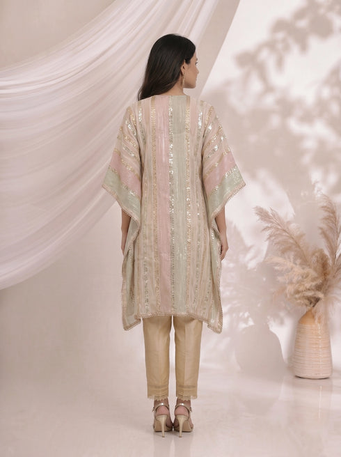 Elegant Beige Striped Kaftan Top with Mirror Work Neckline