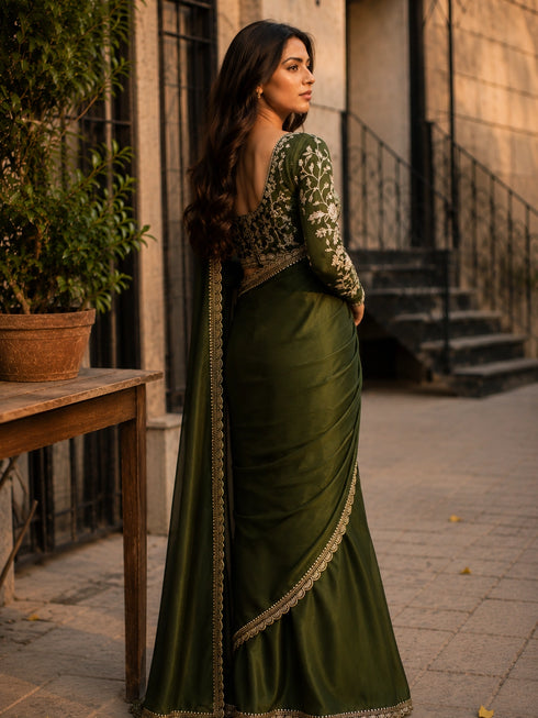 Emerald Green Embroidered Designer Saree with Elegant Blouse