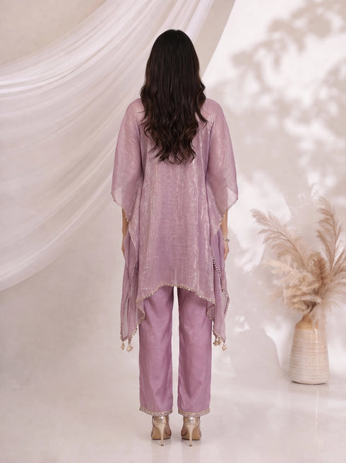 Elegant Purple Kaftan and Pants Set with Embellished Neckline