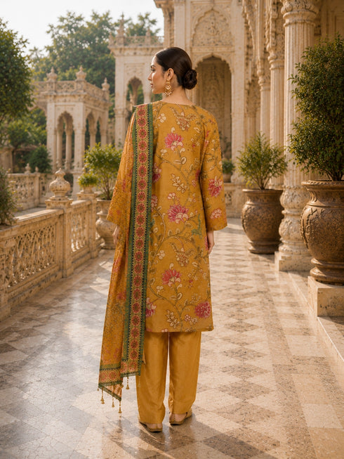 Elegant Mustard Floral Print Kurta Set with Matching Pants and Dupatta