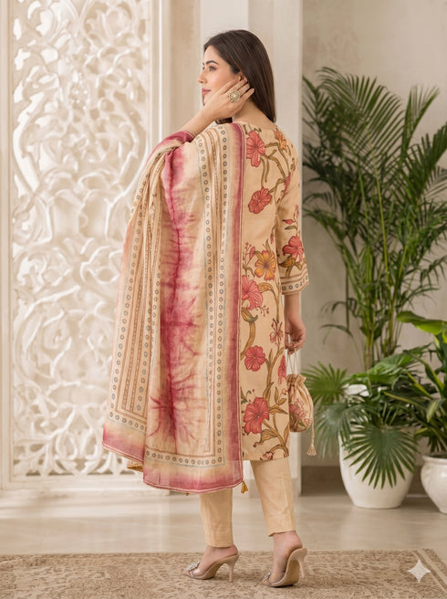 Elegant Brown Floral Print Kurta Set with Dupatta