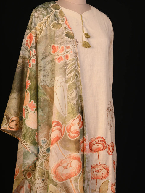 Beige Cotton Work with Thread Work