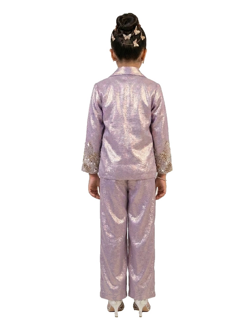 purple embellished co ord set for girls with jacket and pants metallic tissue silk party wear kids outfit
