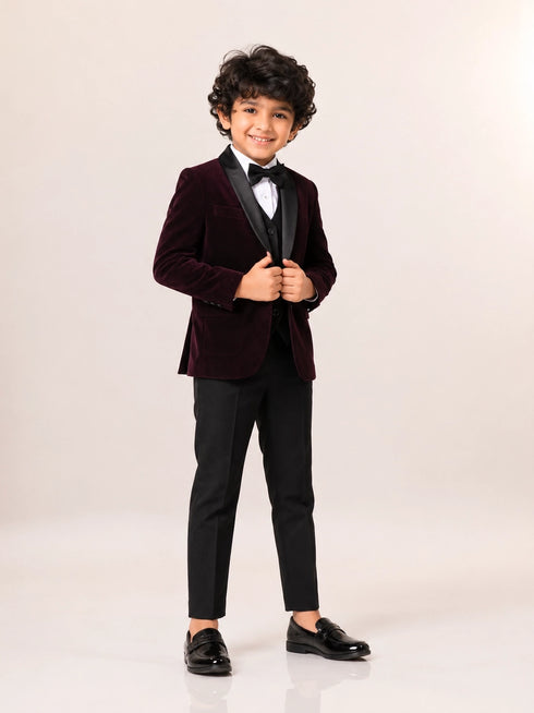 Boys Dark Purple Embroidered Waistcoat Suit