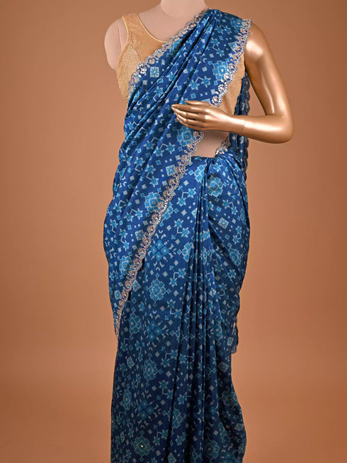Traditional Pita Gota Patti Work Blue Saree Design