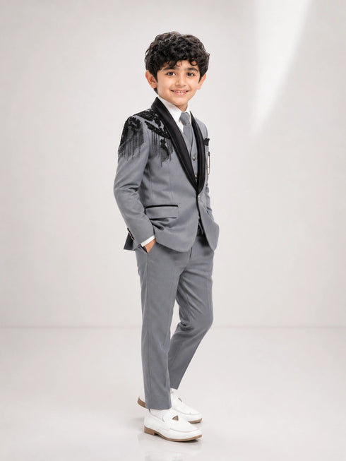 Boys Grey 3-Piece Formal Suit with Black Embellished Blazer