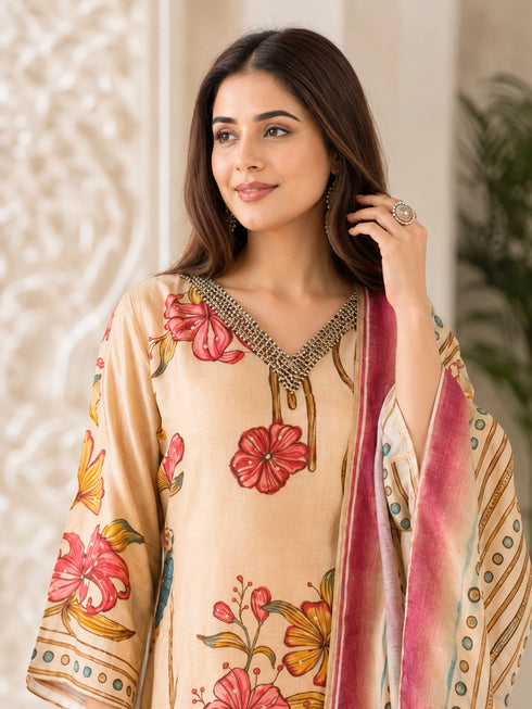 Elegant Brown Floral Print Kurta Set with Dupatta