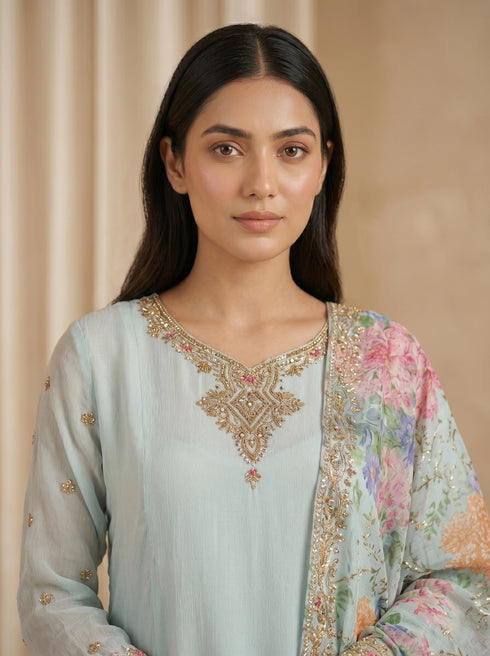 Elegant Sky Blue Kurta Set with Floral Print Dupatta