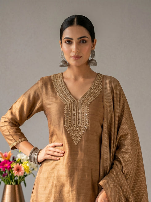 Elegant Golden Embroidered Kurta Set with Dupatta