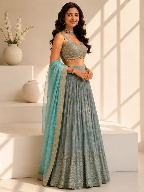 Grey Embroidered Lehenga Set with Sequins Blouse & Dupatta for Women