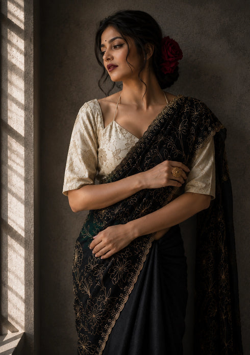Midnight Black Floral Embroidered Designer Saree with Elegant Border