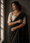 Midnight Black Floral Embroidered Designer Saree with Elegant Border