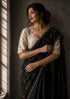 Midnight Black Floral Embroidered Designer Saree with Elegant Border