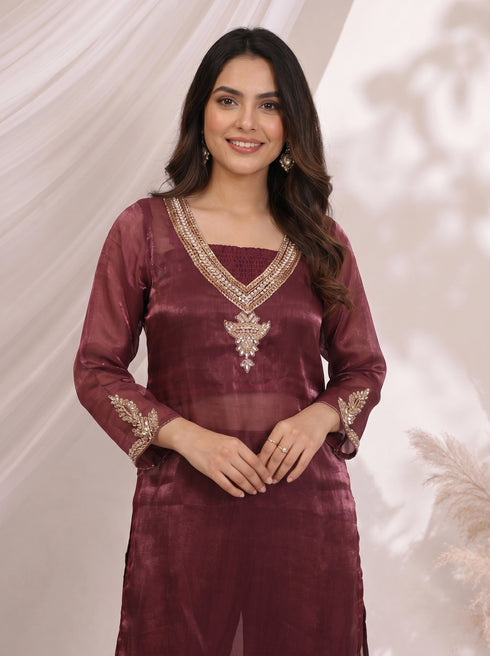 Elegant Maroon Embroidered Kurta and Sharara Set
