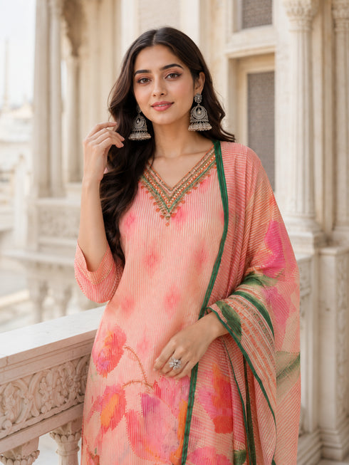 Elegant Pink Floral Print Kurta Set with Matching Pants