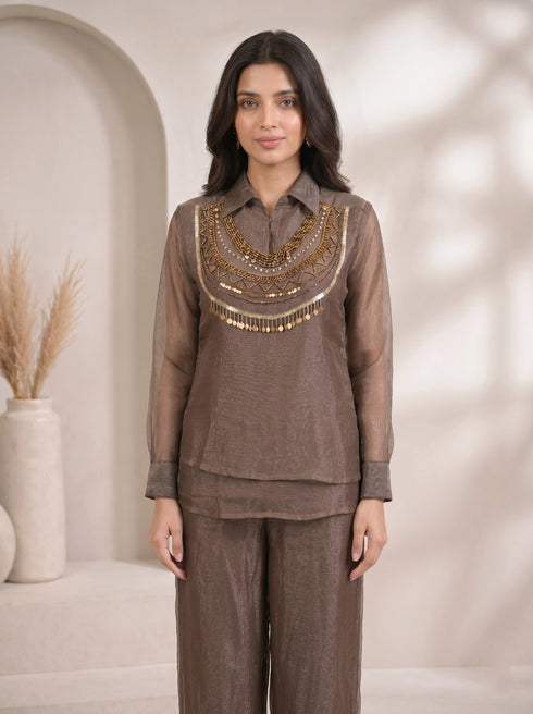 Elegant Grey Sheer Co-ord Set with Statement Neckline Embellishment