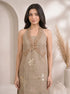 Elegant Khaki Halter Neck Kurti Set with Floral Accents