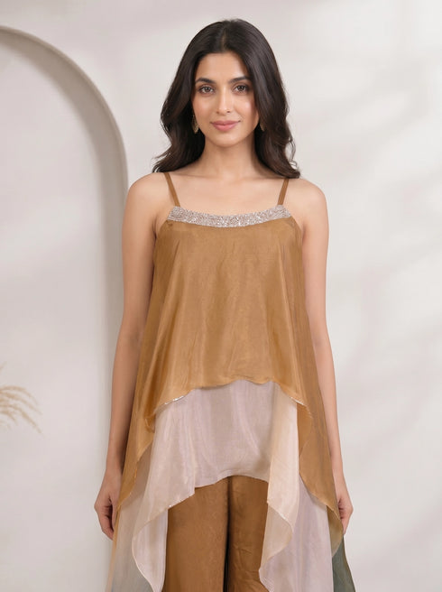 Elegant Brown Layered Chiffon Palazzo Suit with Sequined Neckline