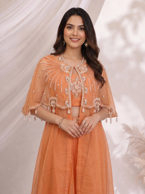 Elegant Orange Embellished Cape and Pants Set