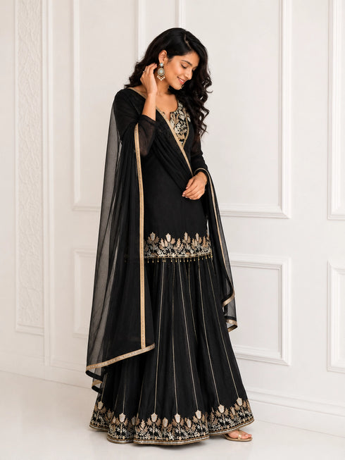 Black Embroidered Sharara Set with Dupatta for Women