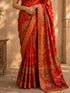 Red Floral Woven Silk Saree with Teal Embroidered Blouse