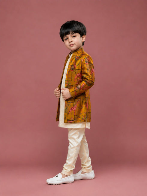 Boys Yellow Brocade Indo-Western Sherwani Set with Cream Kurta & Pajama