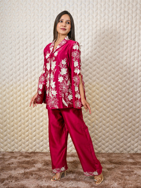 Thread Embroidered Maroon Kurti set
